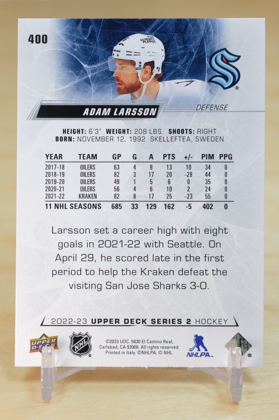 2022-23 Upper Deck Series 2 Base #400 Adam Larsson – Seattle Kraken
