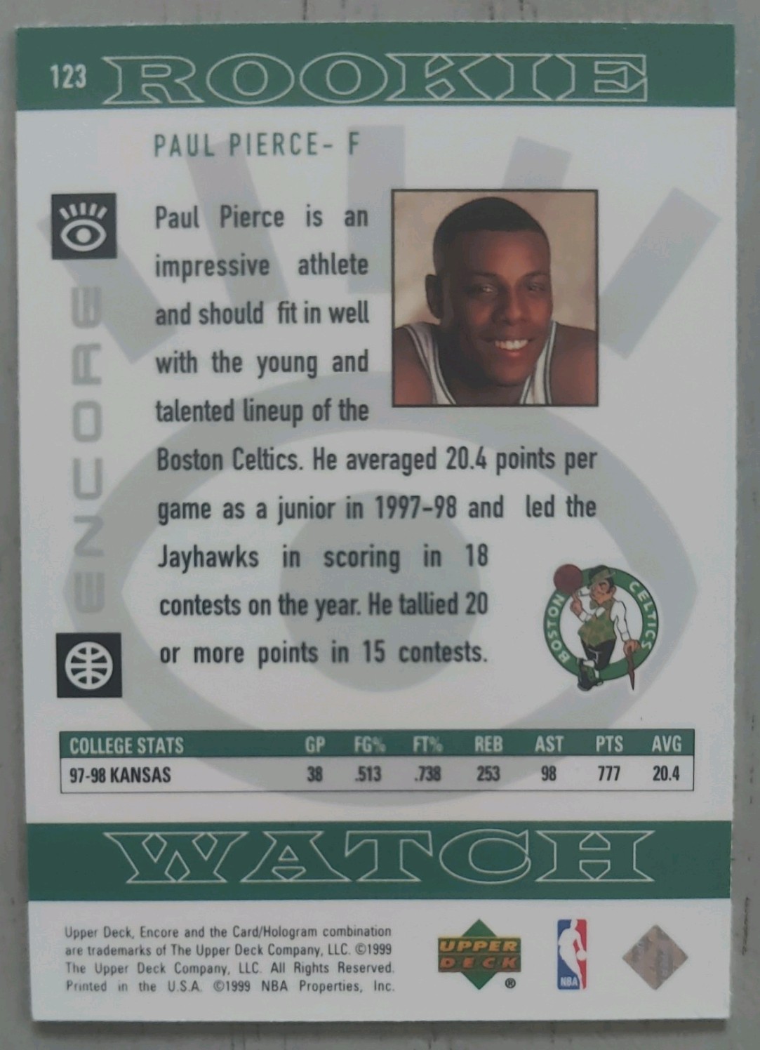 1998-99 Upper Deck Encore – Foil Rookie Watch Paul Pierce #123 (RC) Celtics HOF