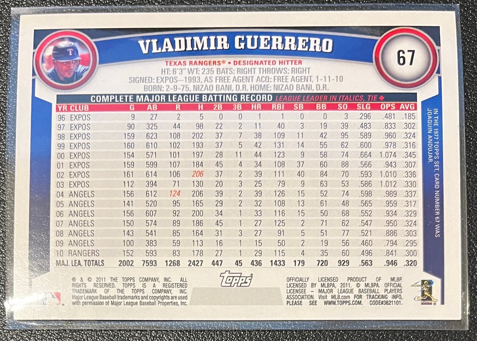 2011 Topps baseball #67 VLADIMIR GUERRERO Texas Rangers HoF G6
