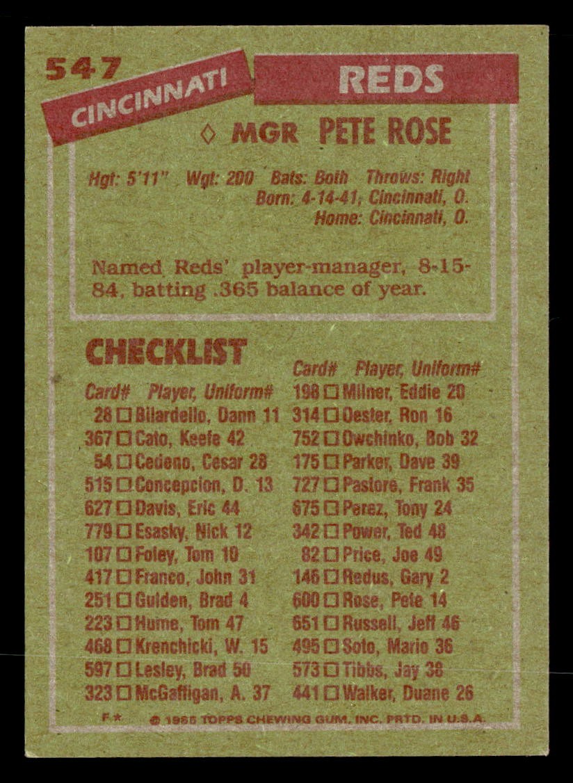 1985 Topps #547 Pete Rose