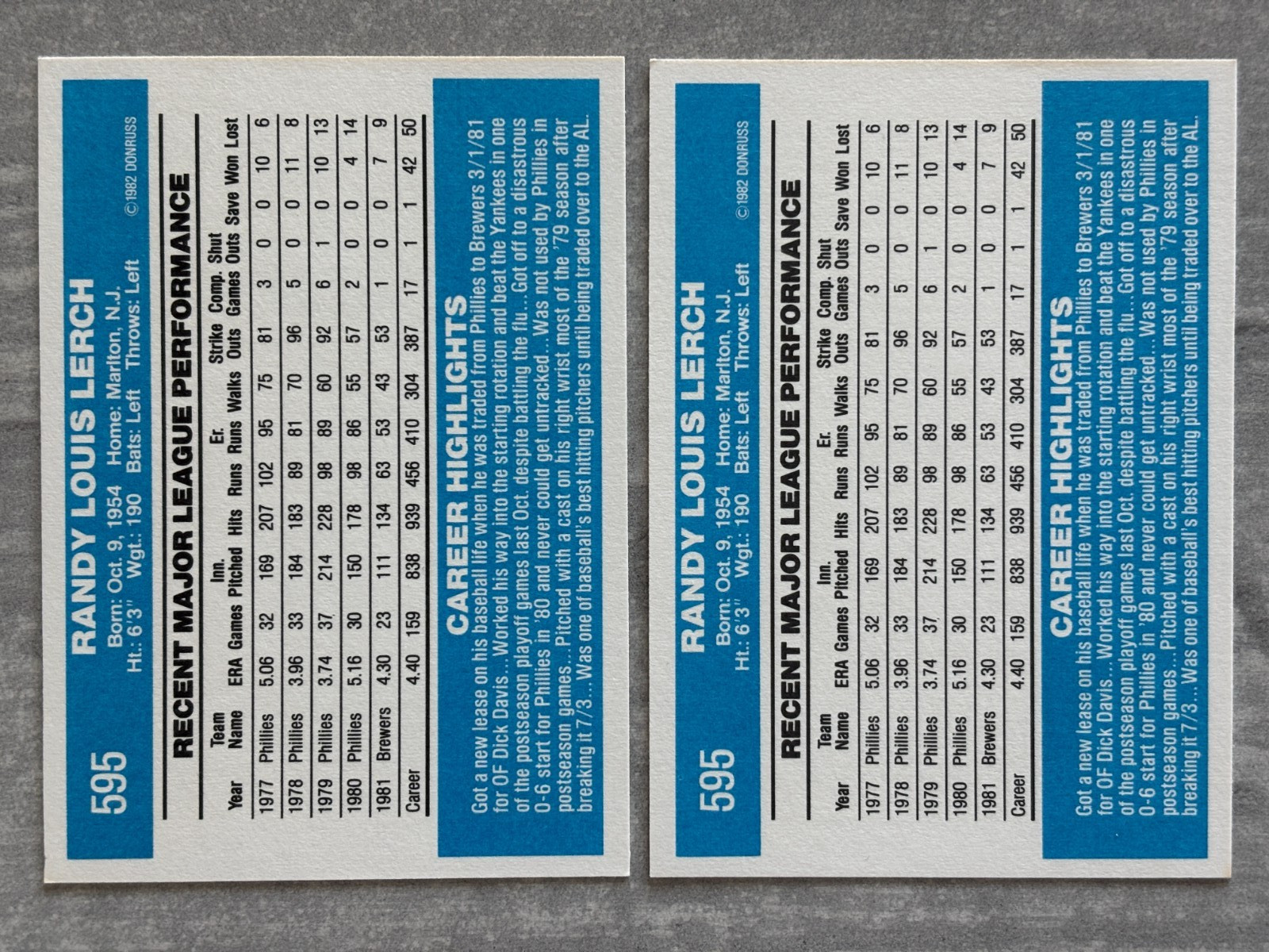 (2) 1982 Donruss RANDY LERCH “Wrong Team Name” Error & Corrected Cards #595 pdz