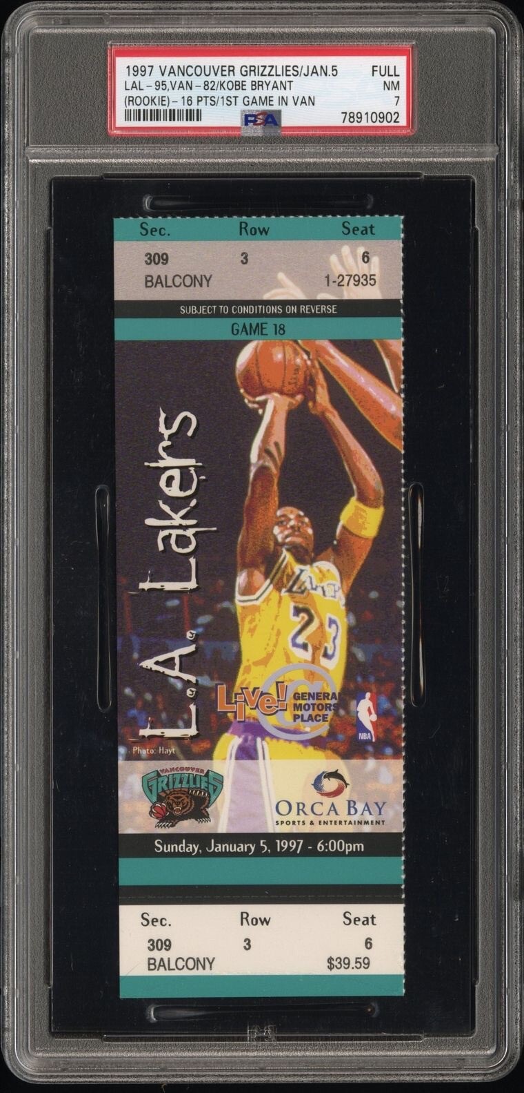 1997 KOBE BRYANT 1ST GAME IN VANCOUVER/16PT ROOKIE YEAR FULL TICKET LAKERS PSA 7