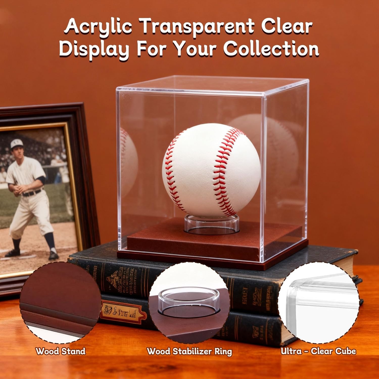 Baseball Display Case, Clear Baseball Holder with Wooden Base, Acrylic Baseball