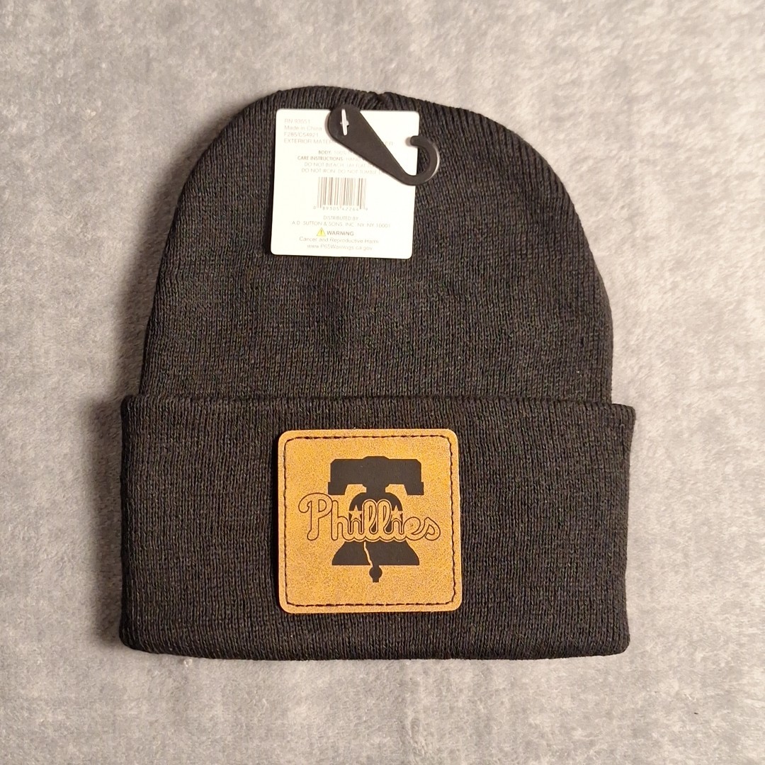 Philadelphia Phillies Leather Square Patch Black Beanie Cap MLB