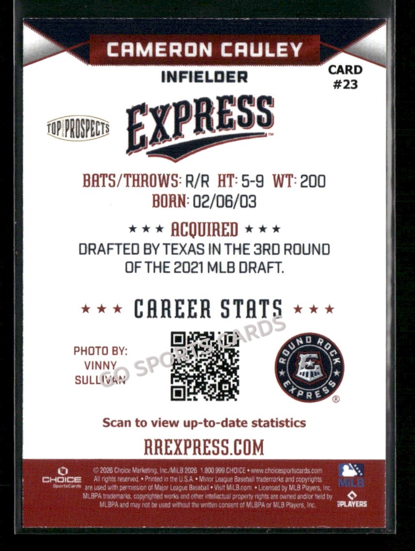 2026 AAA Top Prospects Round Rock Express Cameron Cauley RC Rookie Rangers