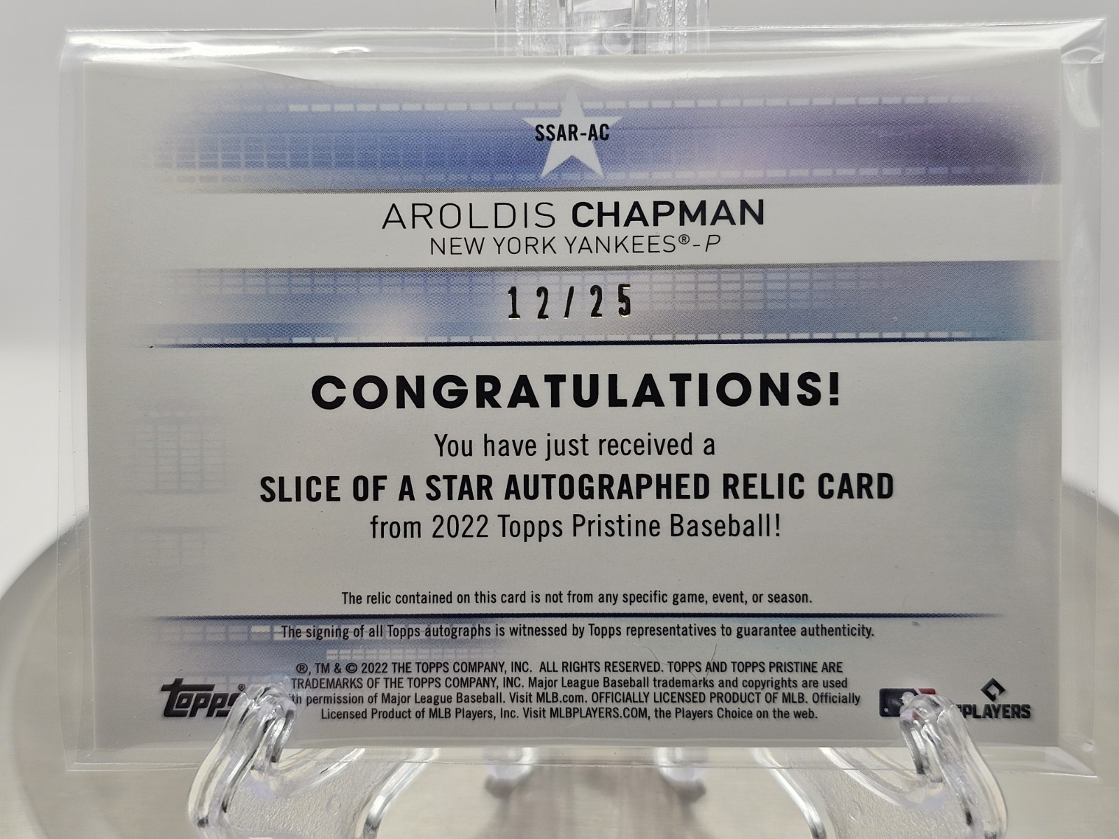 2022 Topps Pristine Aroldis Chapman Slice Of Star Auto Relic Orange /25 #SSAR-AC