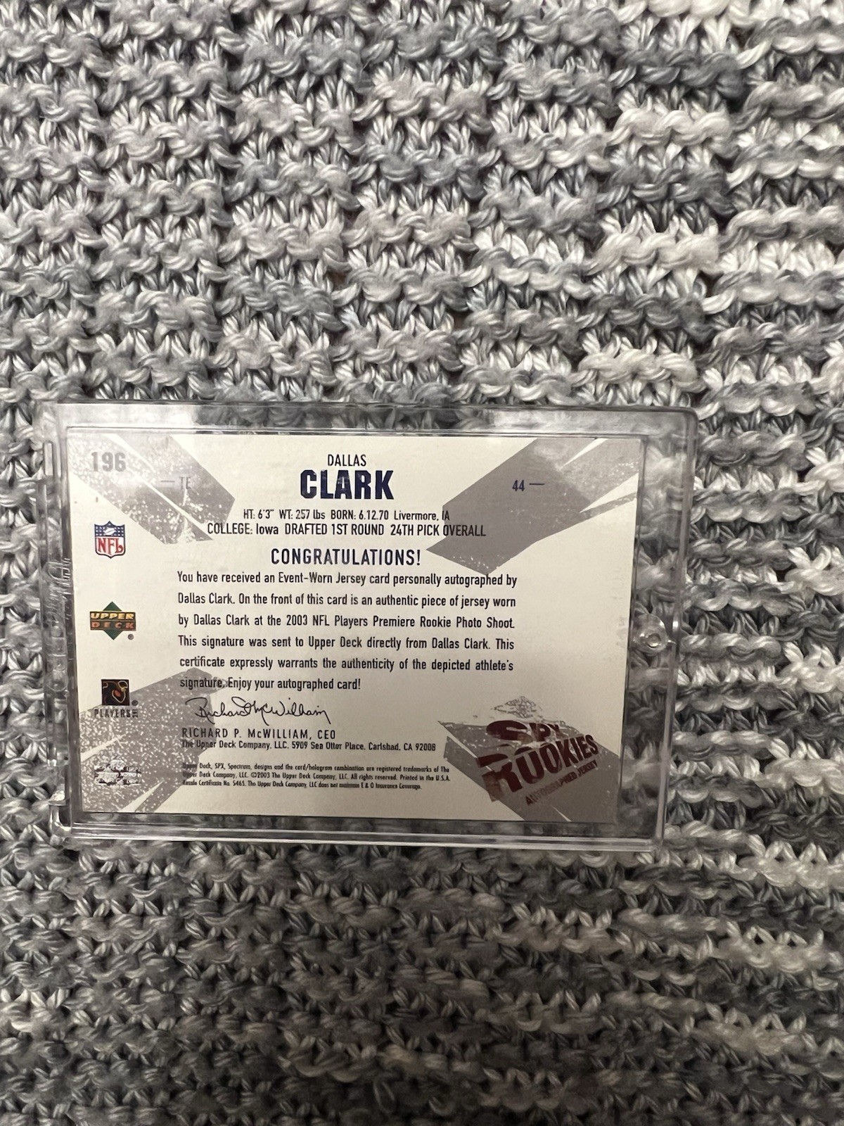 2003 Upper Deck SPx Dallas Clark Colts Rookie Auto Game Worn Jersey Card /1100