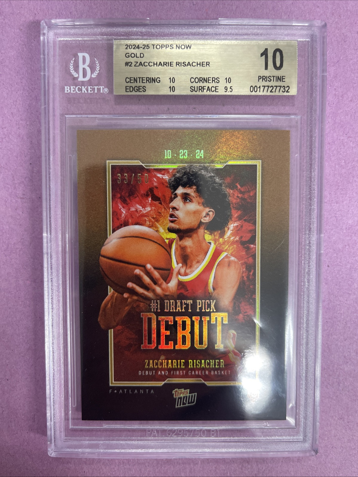 2024-25 Topps Now Zaccharie Risacher #2 RC Rookie-DEBUT GOLD /50 BGS 10 POP1 SD2