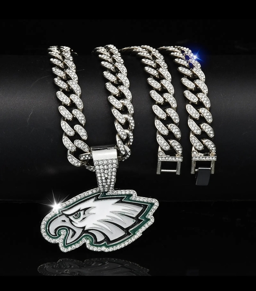 PHILADELPHIA EAGLES GEM NECKLACE Silver Bling Football Pendant / 24″ Cuban Chain