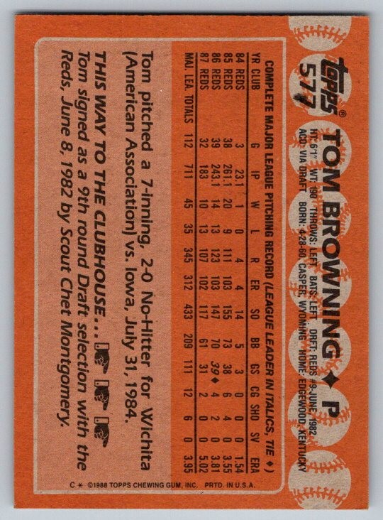 1988 Topps Tom Browning #577 Cincinnati Reds