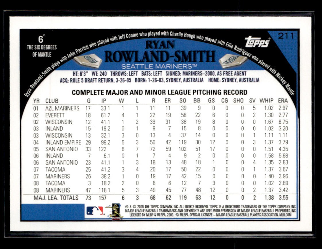 2009 Topps #211 Ryan Rowland-Smith Black Card Seattle Mariners