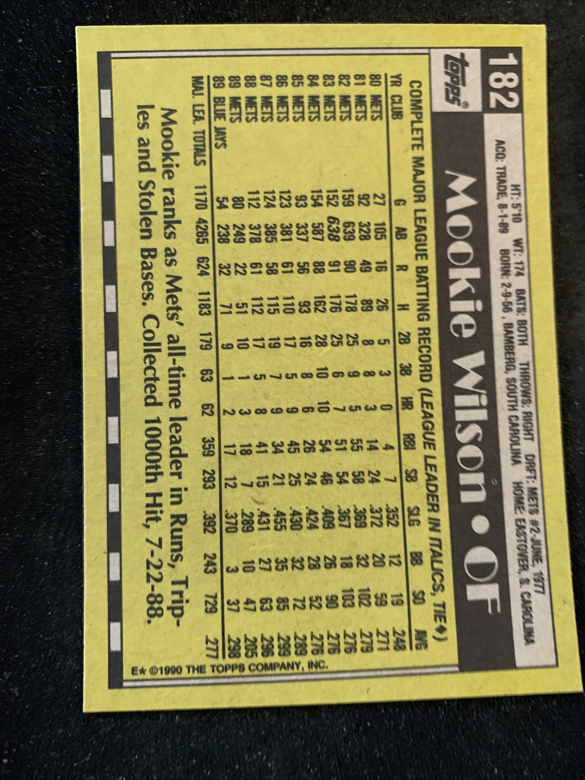 1990 Topps Baseball Card #182 Mookie Wilson Toronto Blue Jays NmMt Free Shipping