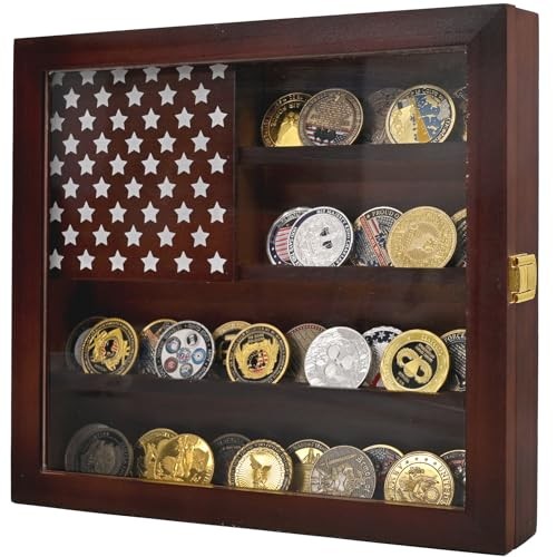 Wall Mounted Challenge Coin Display Stand with Acrylic Glass, Wooden Brown