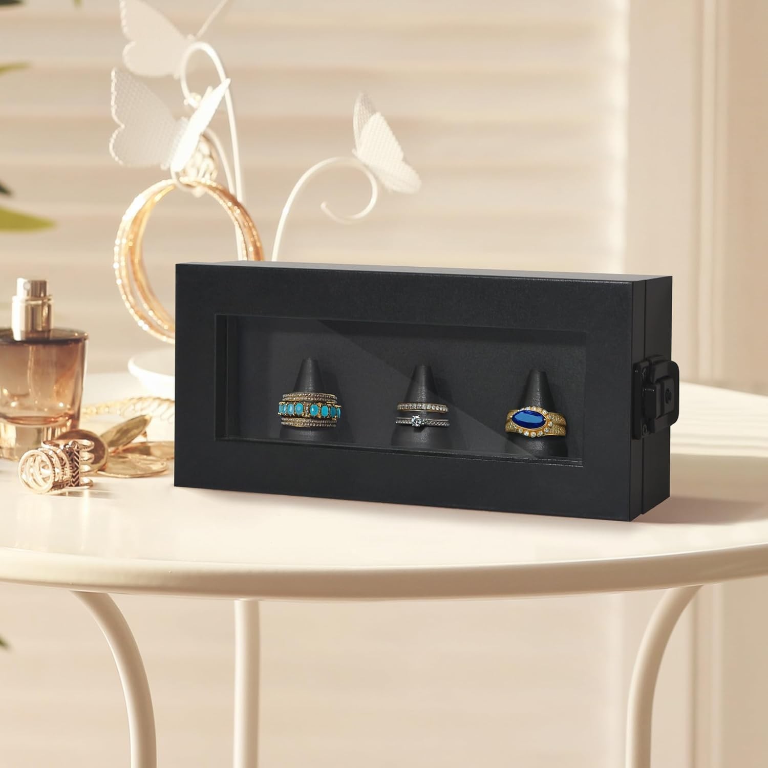 Championship Ring Display Case Holds 3 Rings with Lock Wall Mount Black