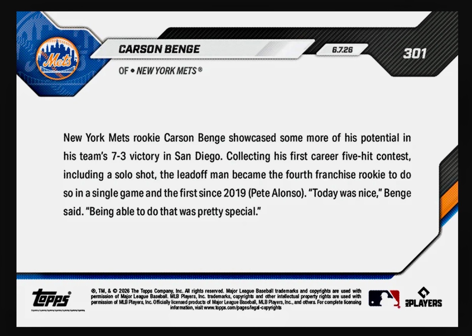2026 TOPPS NOW 301 CARSON BENGE METS RC 5 HIT GAME IN HAND NEXT DAY SHIPPING
