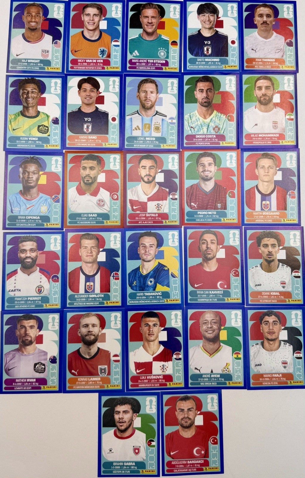 2026 Panini World Cup Blue/Red/Purple Parallel Lot Of 27 include MESSI stickers.