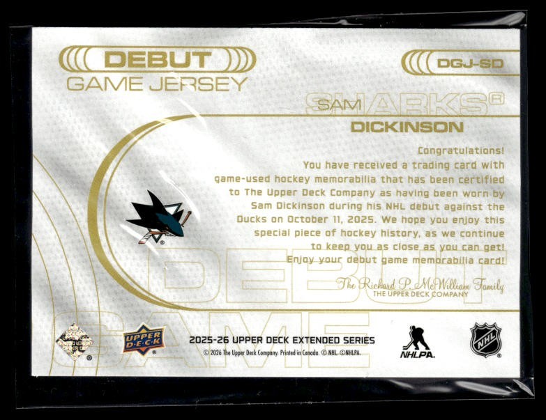 2025-26 Upper Deck Extended SAM DICKINSON RC DEBUT GAME JERSEY SSP SHARKS