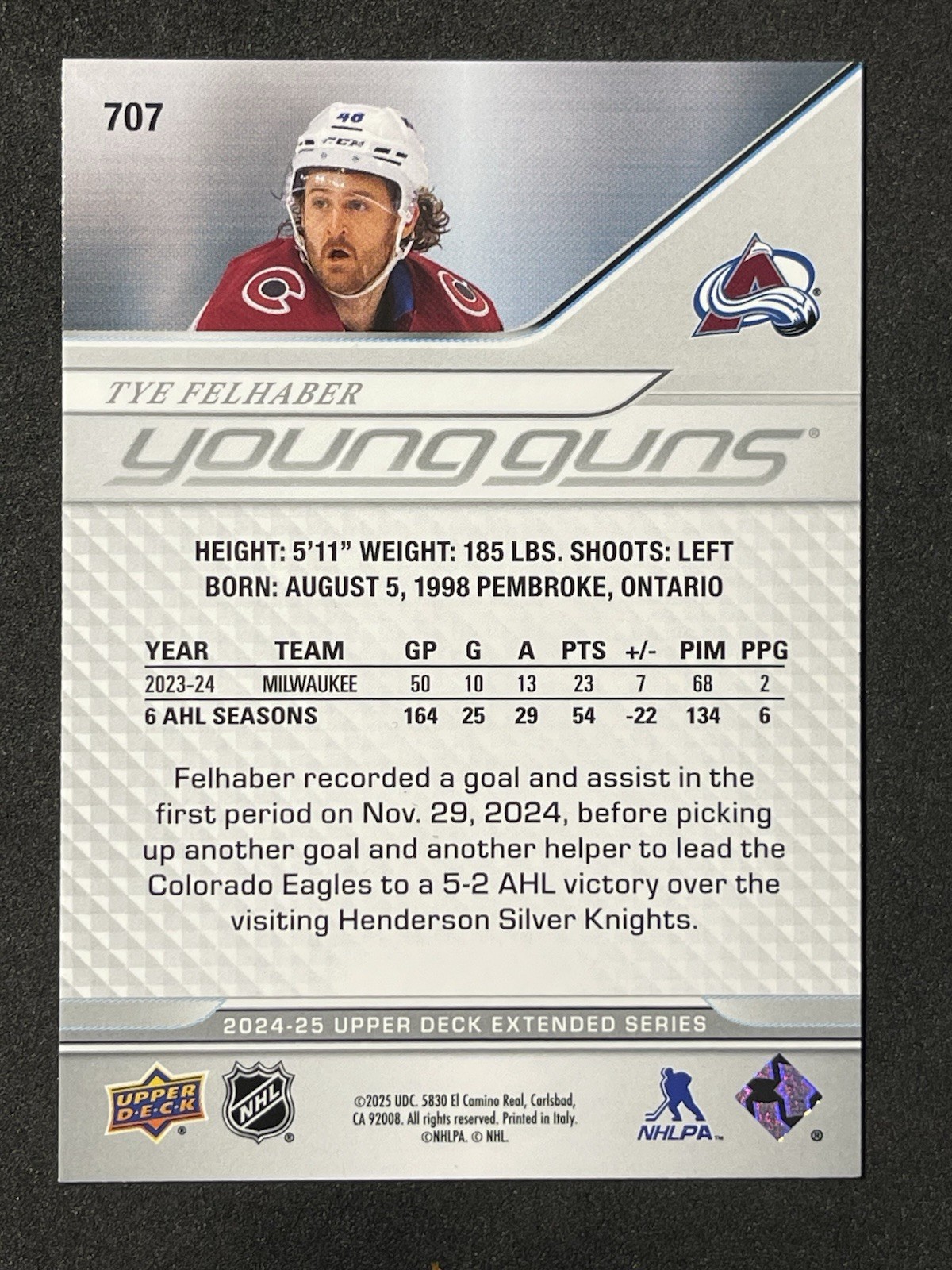 2024-25 Upper Deck Extended Series – Tye Felhaber Young Guns #707 (RC)