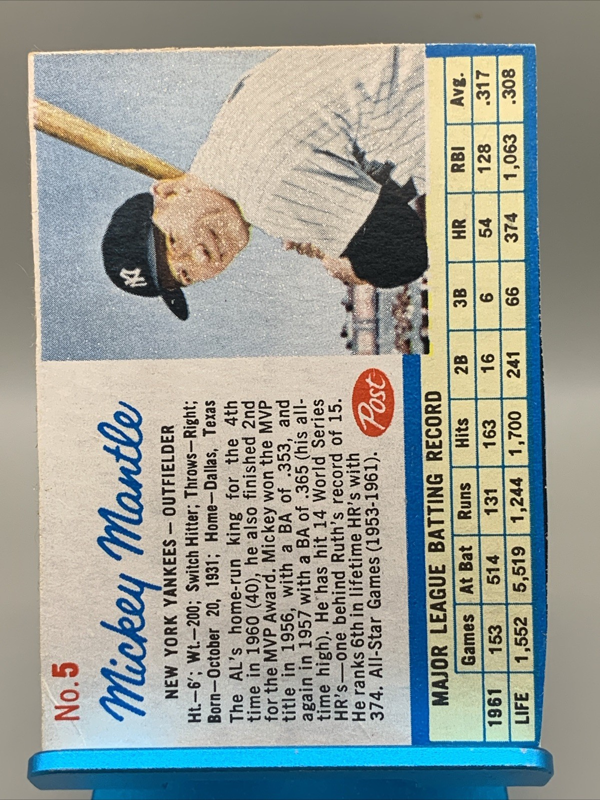 1962 Post Cereal (hand Cut) #5 Mickey Mantle New York Yankees Small Crease