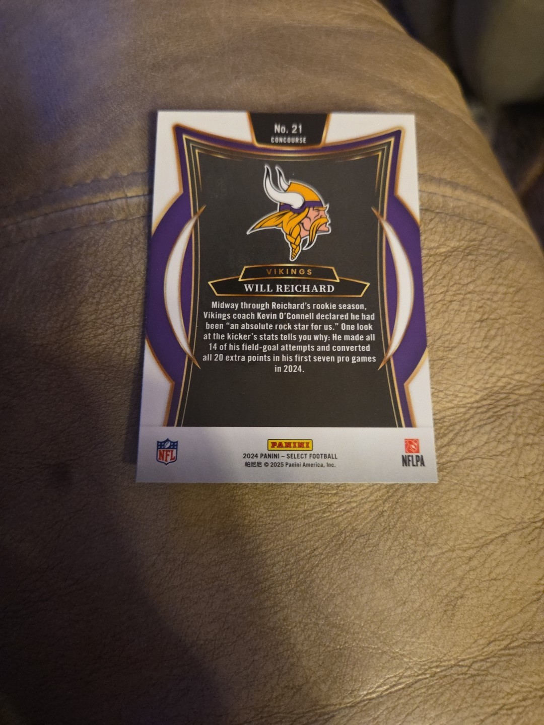 2024 Panini Select #21 Will Reichard Rookie Minnesota Vikings