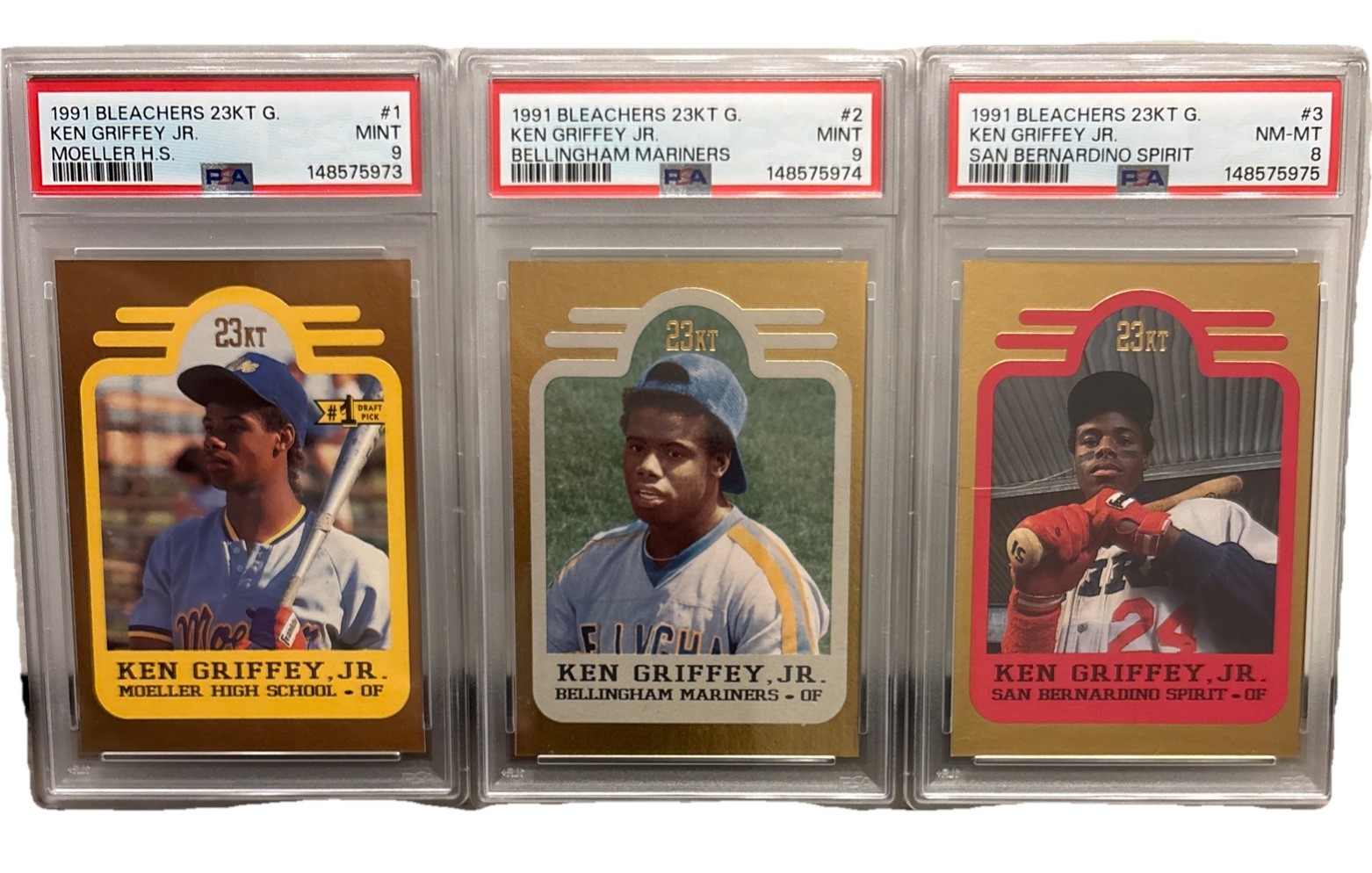 Ken Griffey Jr. 1991 Bleachers 23KT Gold 3 Card Set /10000 Mariners PSA 9 MINT!