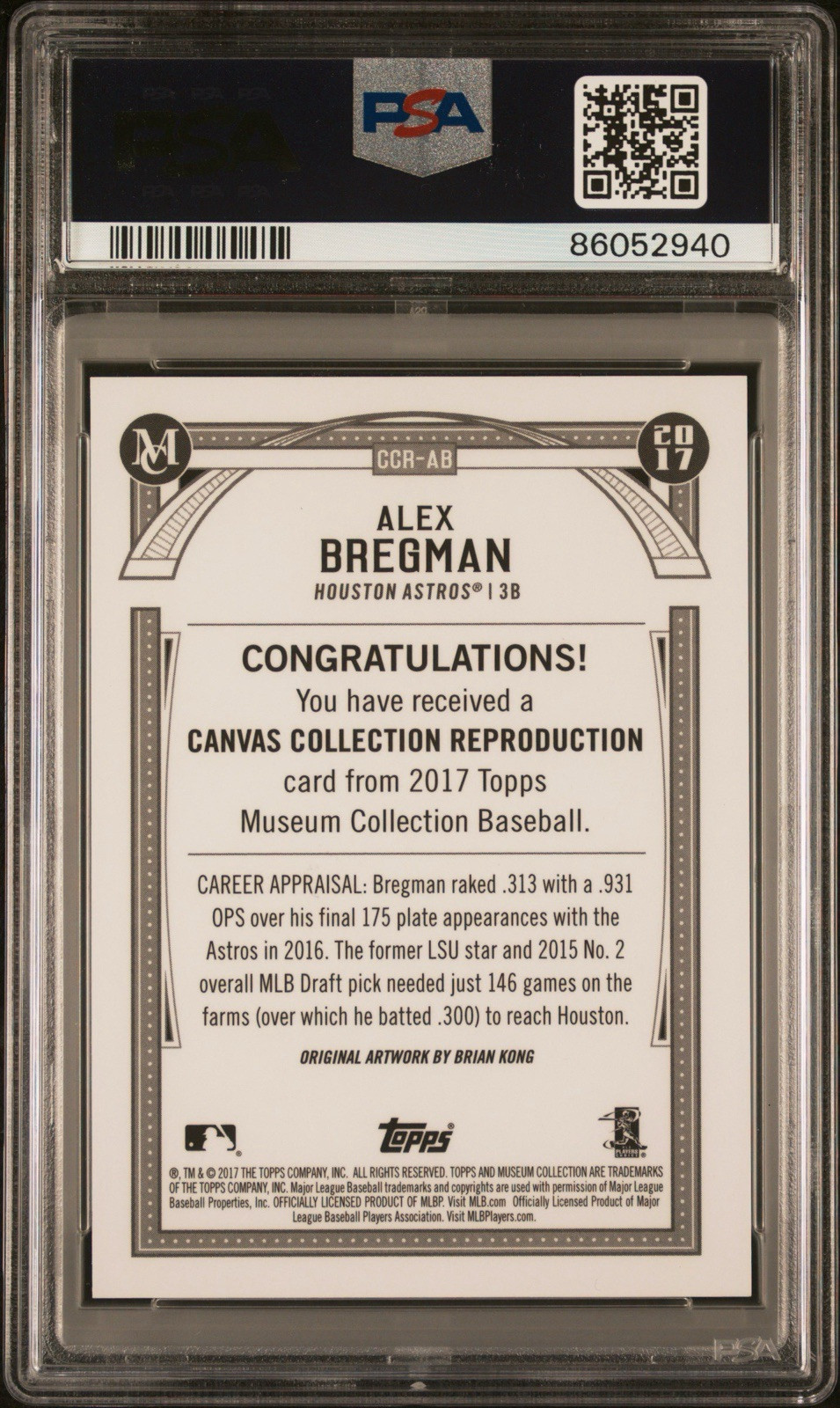 2017 Topps Museum Collection Alex Bregman PSA 10 GEM MINT Canvas Coll CUBS