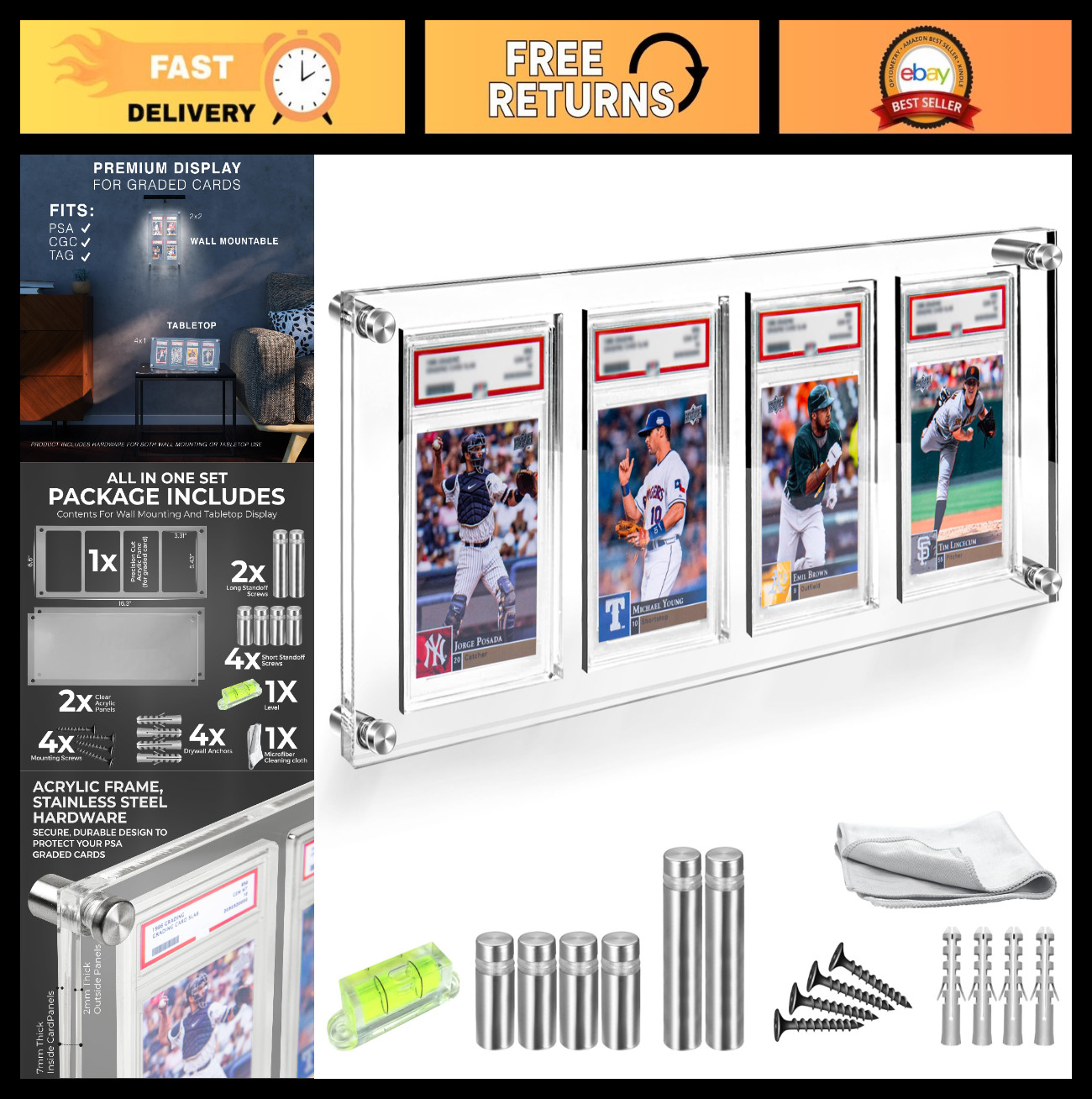 Acrylic Card Display Case for 4 PSA/CGC Slabs – Wall/Tabletop Sports Frame – Dur