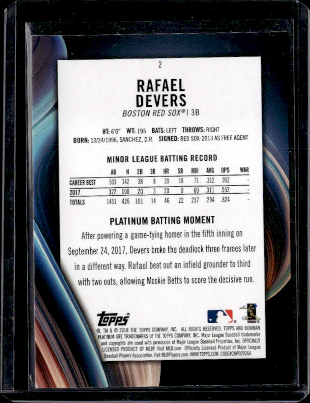 2018 Bowman Platinum – Base Batting #2 Rafael Devers (RC)