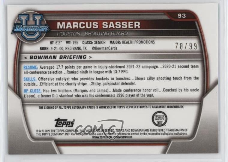 2022 Bowman U Chrome Prospect Green Refractor 78/99 Marcus Sasser #93 Auto 10tb