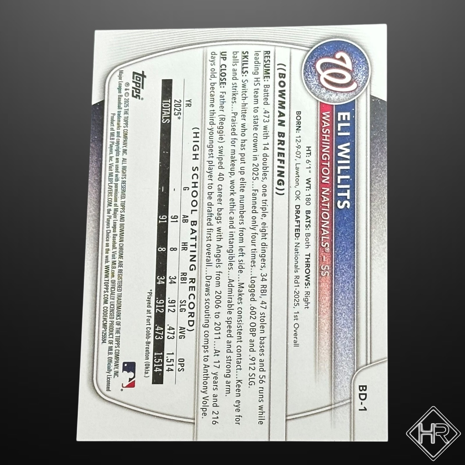 2025 Bowman Draft #BD-1 Eli Willits 1st Bowman Washington Nationals