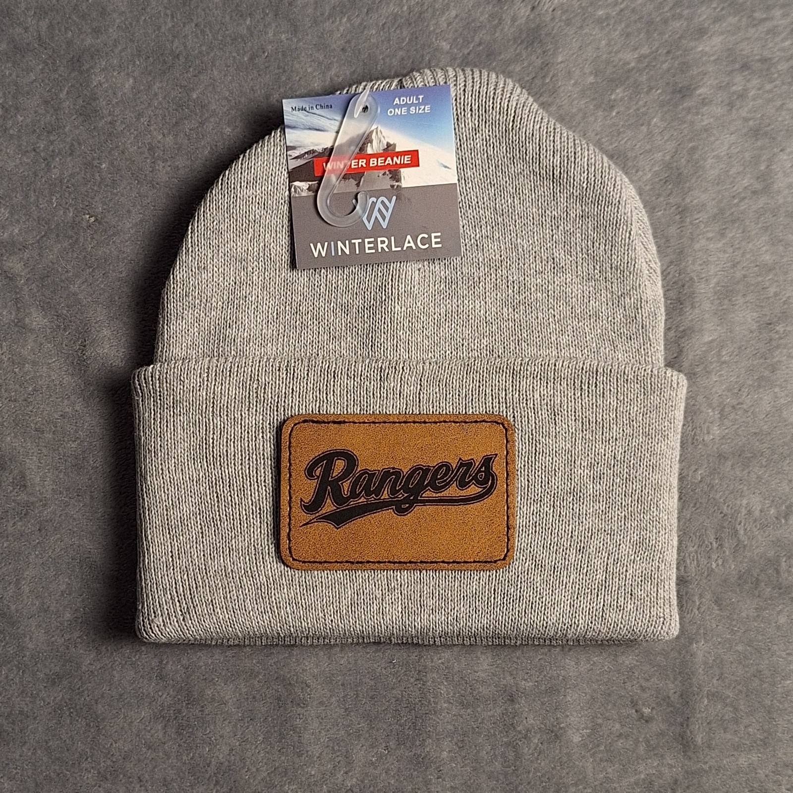 Rangers Leather Rectangle Patch Gray Beanie Cap MLB
