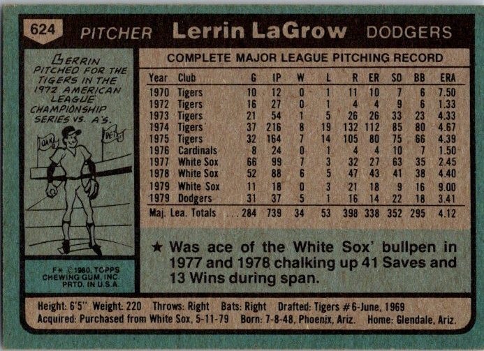 Lerrin LaGrow – 1980 Topps – # 624 – Dodgers