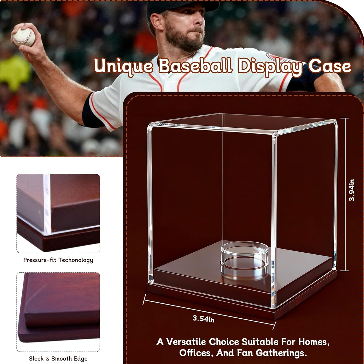 Baseball Display Case – Clear Acrylic Cube with Wooden Base, UV Protected Displa