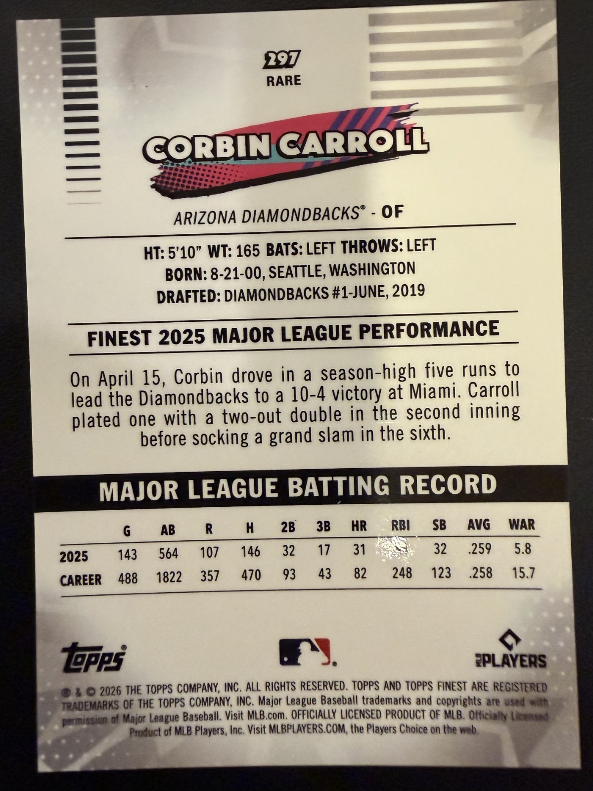 2026 Topps Finest Corbin Carroll Yellow Refractor #263/275 Diamondbacks
