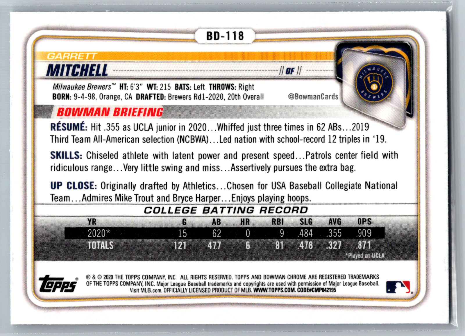 Garrett Mitchell 2020 Bowman Draft 1st Chrome Sky Blue Refractor BD-118