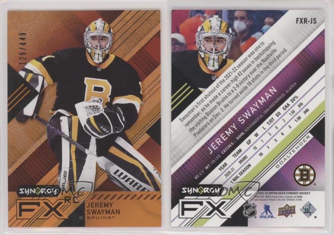 2021 Upper Deck Synergy FX Rookies Orange 129/449 Jeremy Swayman #FXR-JS RC 14sr