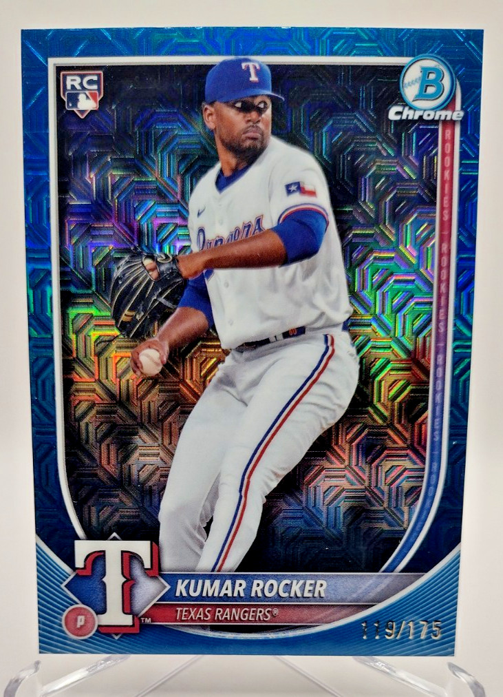 2025 Bowman – Kumar Rocker #80 Chrome Navy Mojo Refractor /175 (RC) Rangers