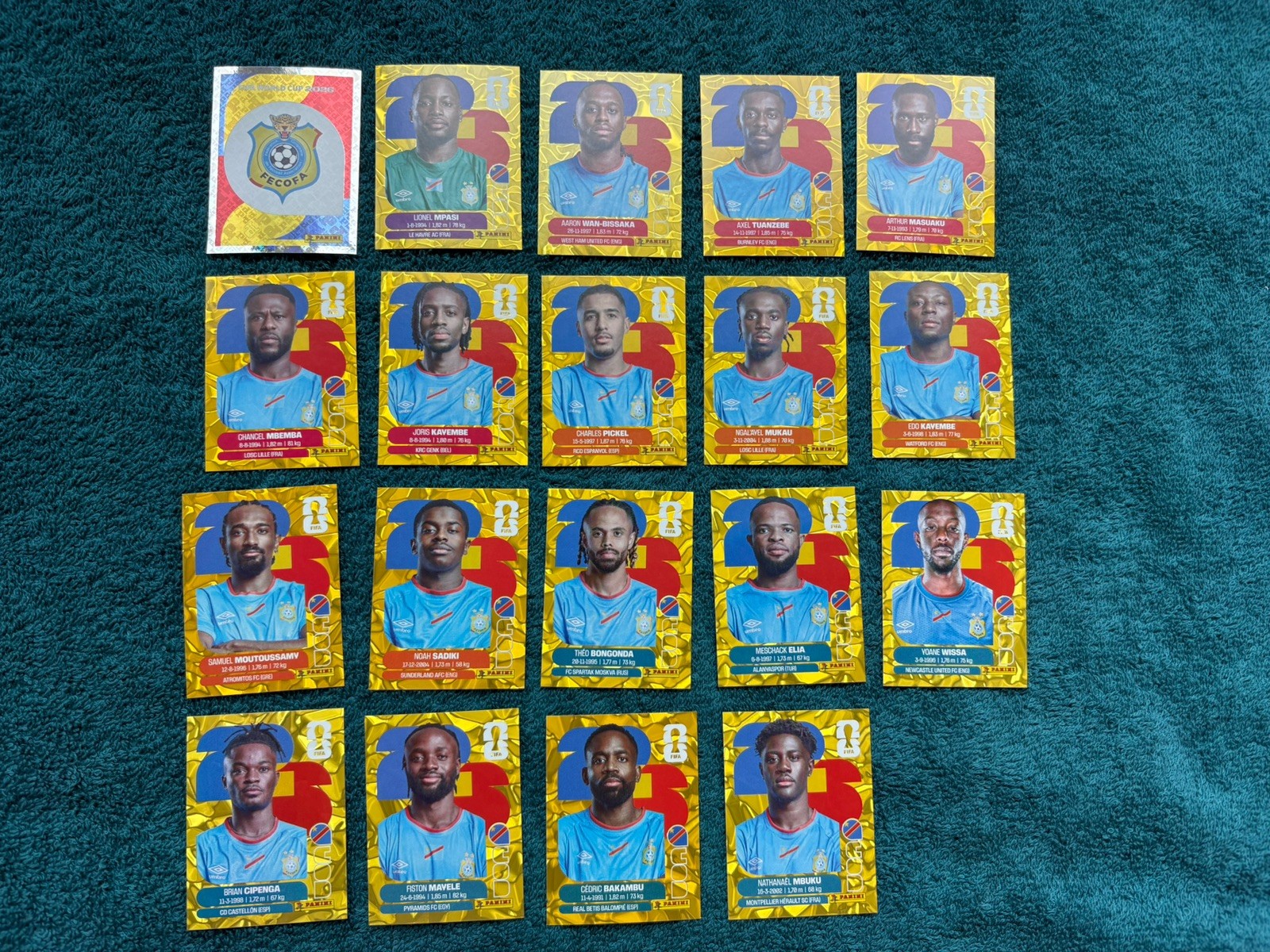 Panini FIFA World Cup 2026 Team Congo DR 🇨🇩 Gold Crumple Sticker 19 Card Lot