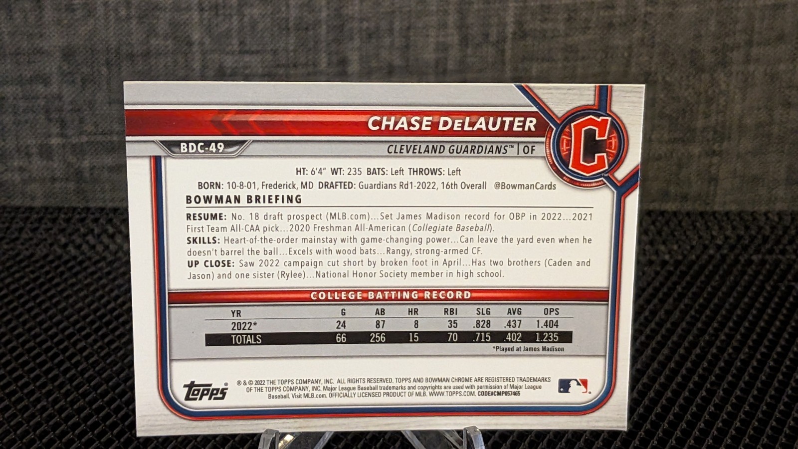 Chase Delauter RC: 2022 Bowman Chrome DRAFT, 1st Bowman, BLUE SAPPHIRE, #BCD-49