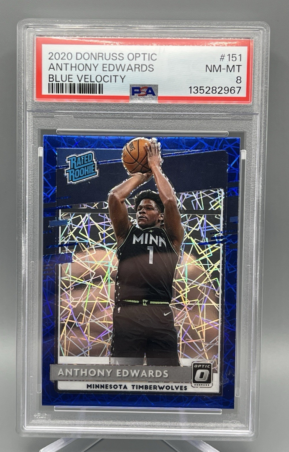 Anthony Edwards Timberwolves 2020-21 Optic #151 Blue Velocity Rated Rookie PSA 8