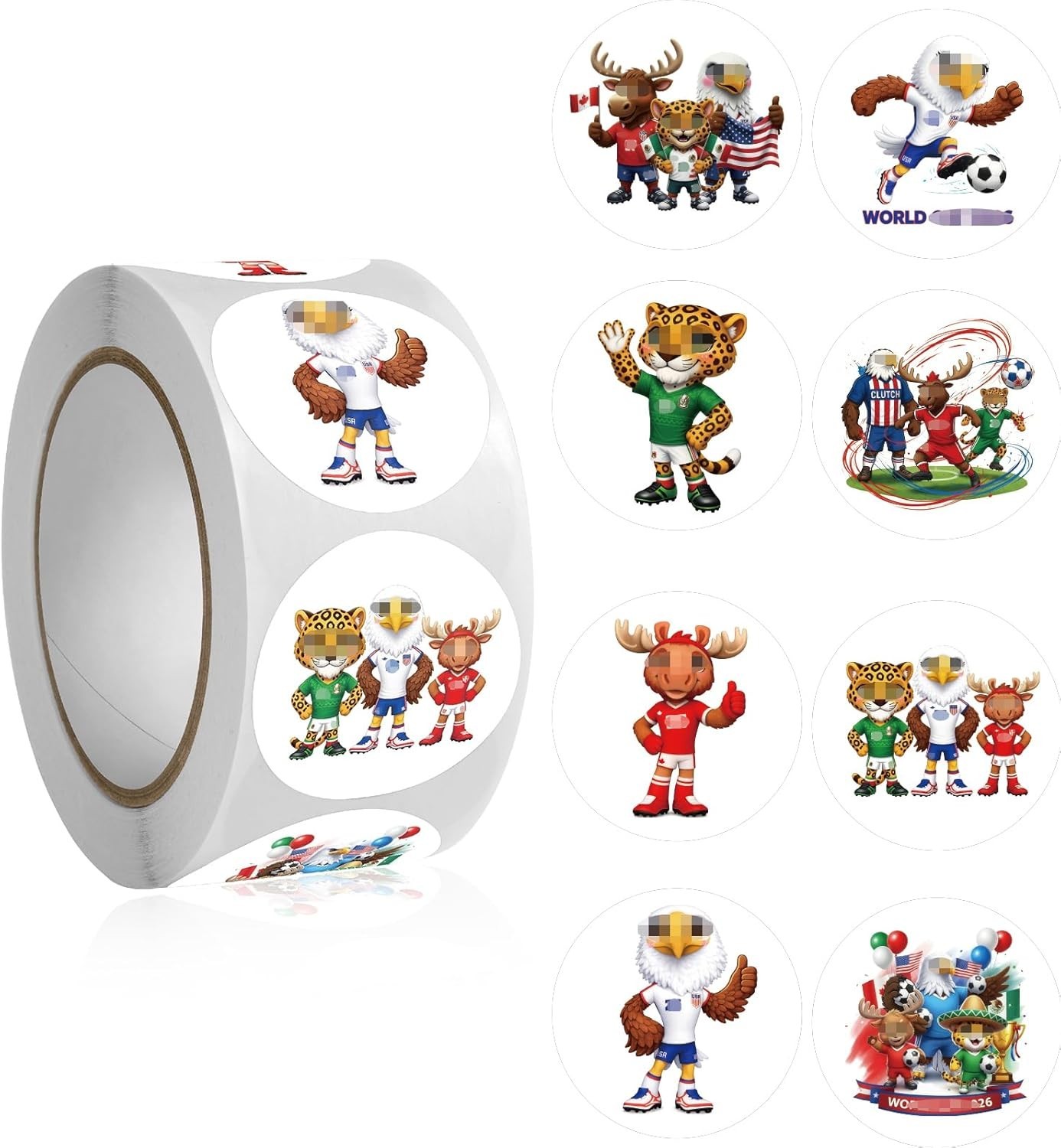 World Cup Soccer Stickers Roll – 500Pcs 8 Design 2026 Mascots Clutch Zayu Maple