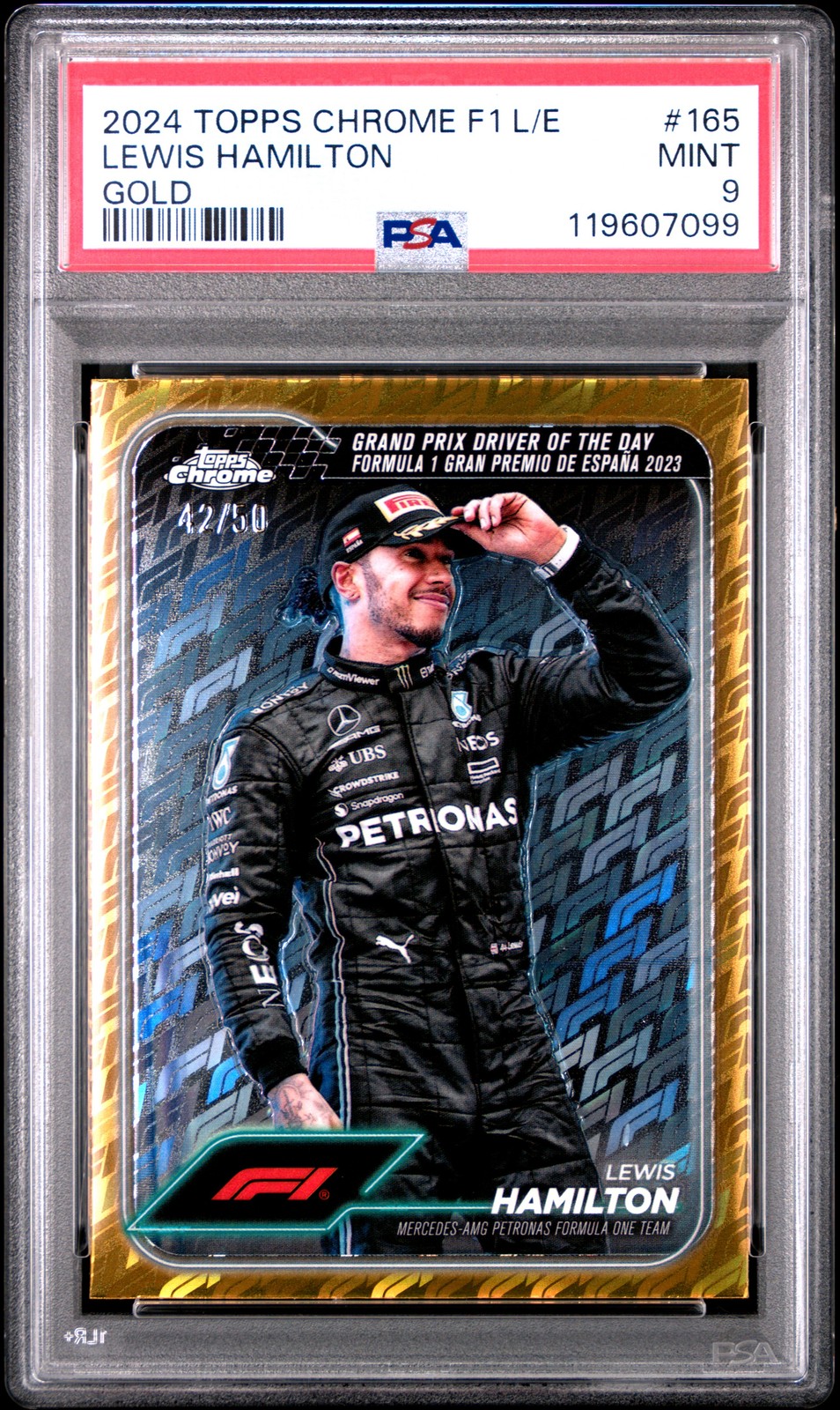 2024 TOPPS CHROME FORMULA 1 LOGOFRACTOR EDITION GOLD LEWIS HAMILTON 42/50 PSA 9