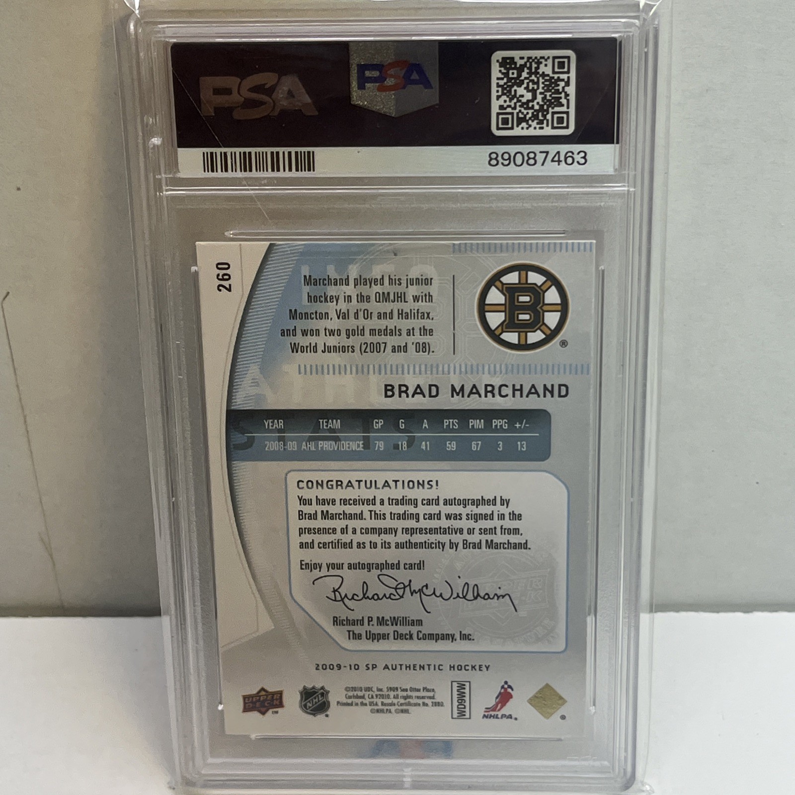 2009-10 SP Authentic Brad Marchand Auto RC Future Watch #/999 Bruins PSA 9