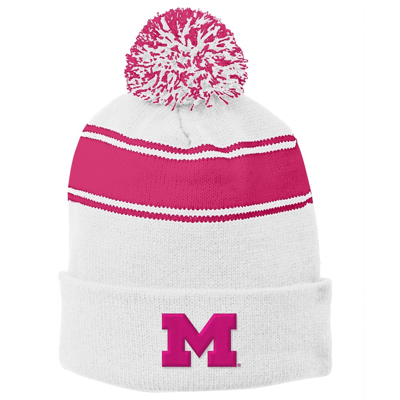 Michigan Primary Logo Stripe Pom Pom Beanie – White/Pink Raspberry