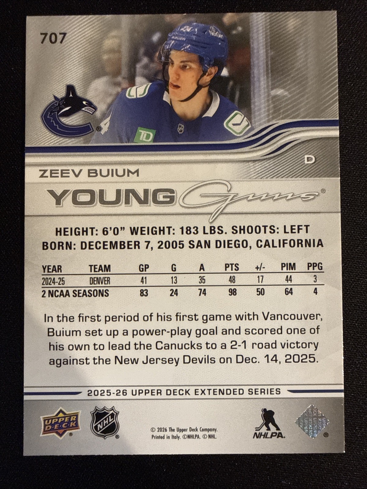 2025-26 Upper Deck Extended Series Young Guns – Zeev Buium #707 Canucks (RC)