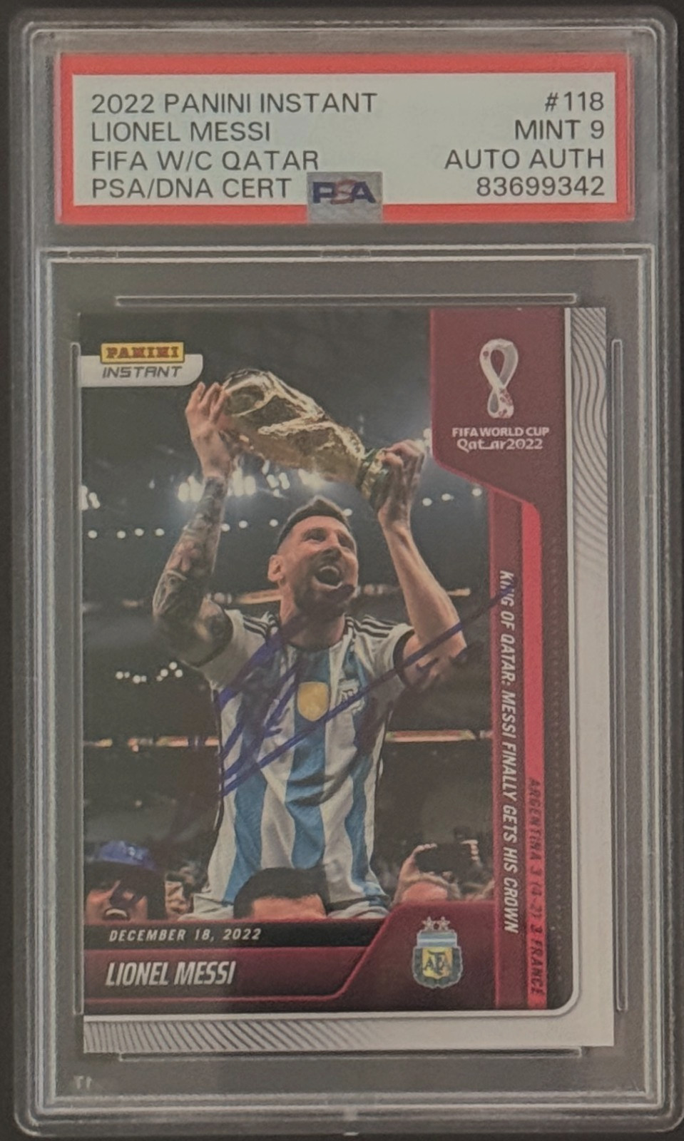 2022 Panini Instant FIFA World Cup Qatar Lionel Messi #118 PSA MINT 9 Auto AUTH