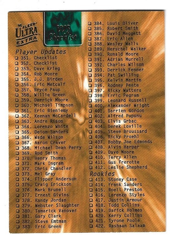 1995 Ultra Extra Football Singles #351-550 Complete Your Set Pick From List NRMT