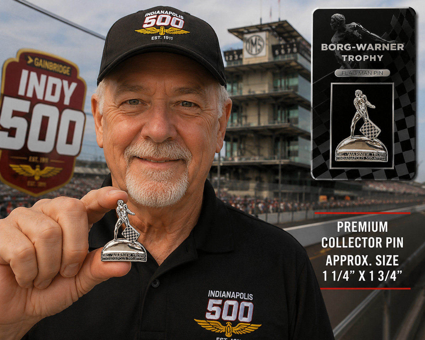Borg-Warner Trophy Indy 500 Flag Man Pin Polished Nickel Collector Lapel Pin