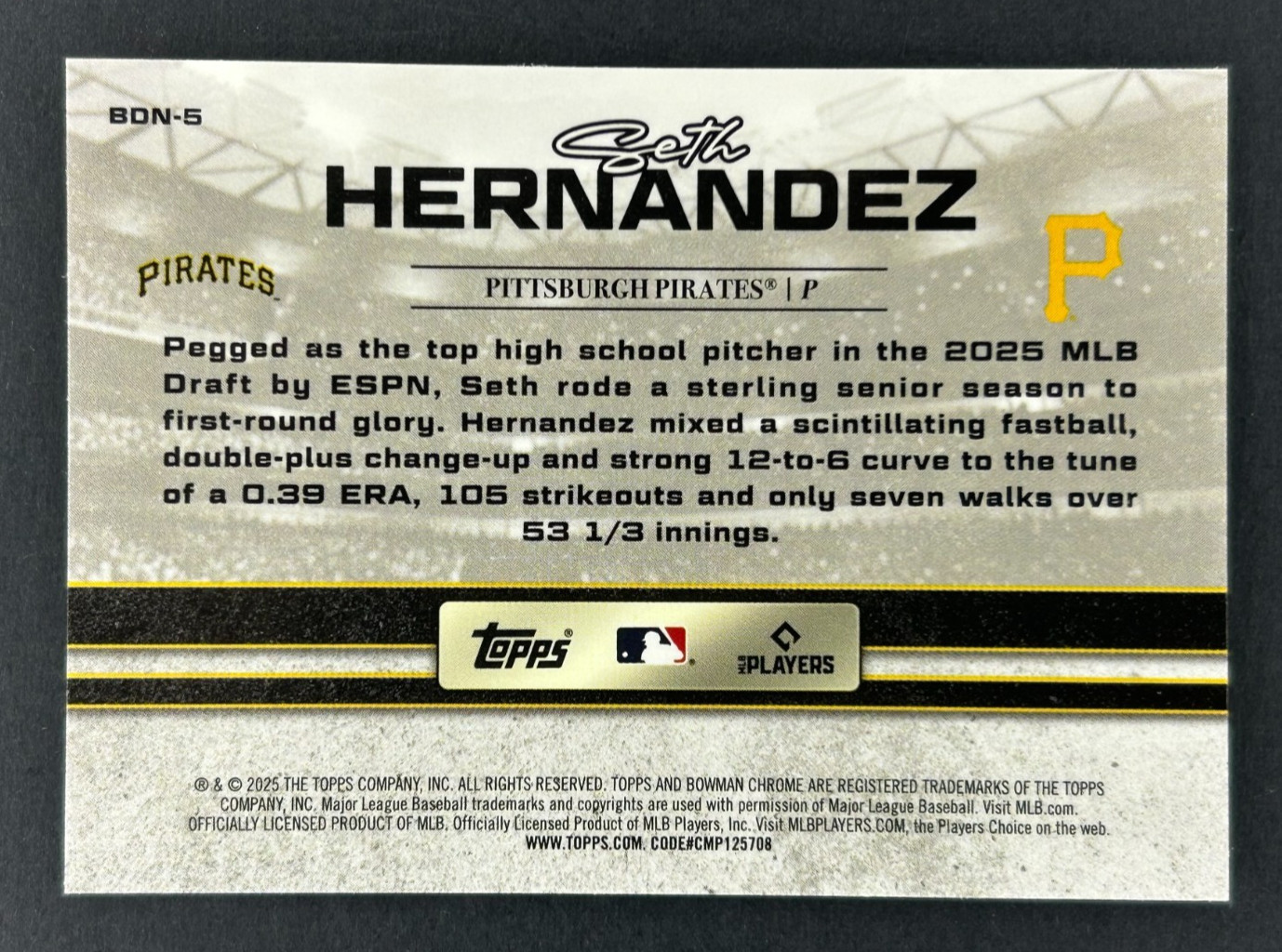 2025 Bowman Chrome Draft Night BDN-5 Seth Hernandez Pirates #1 Prospect