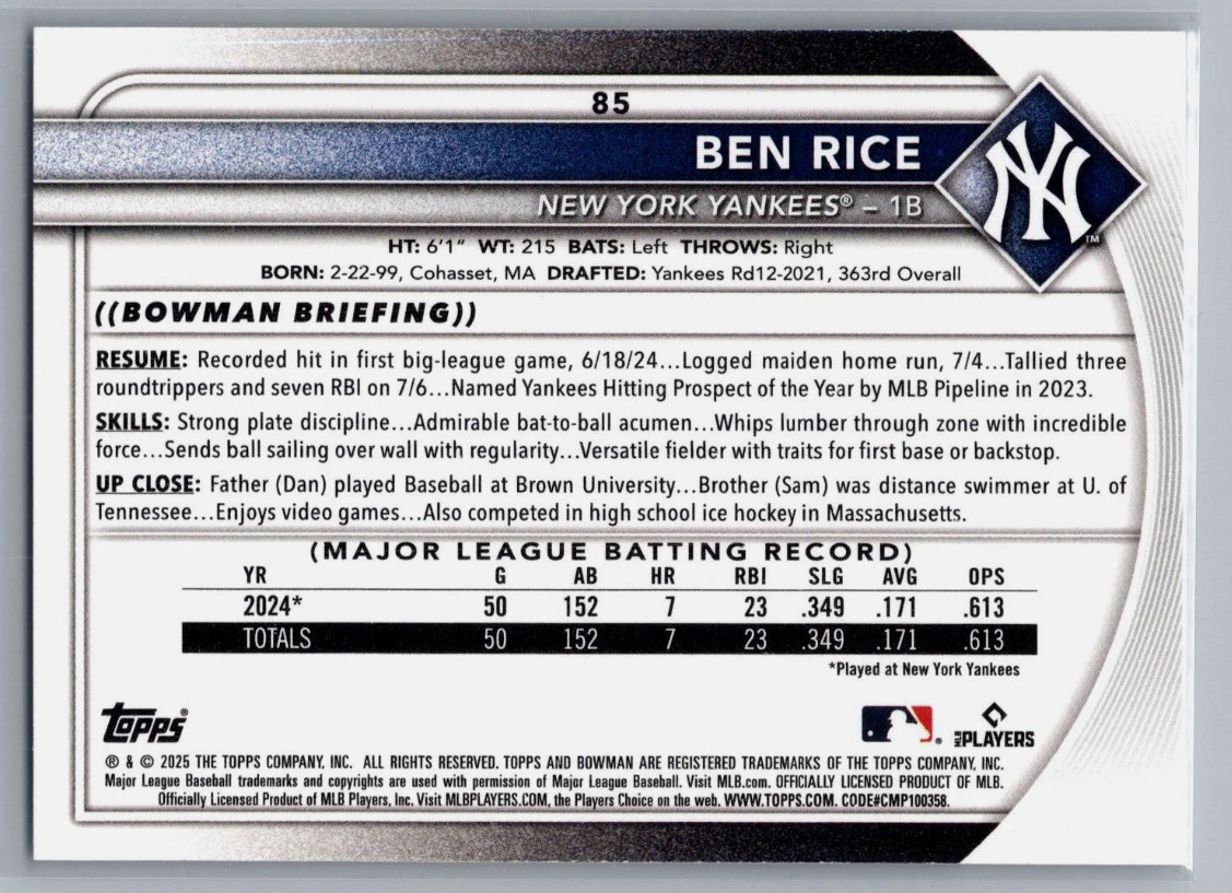 BEN RICE #85 2025 BOWMAN MLB BASEBALL 1st ROOKIE RC NY YANKEES CARD top prospect